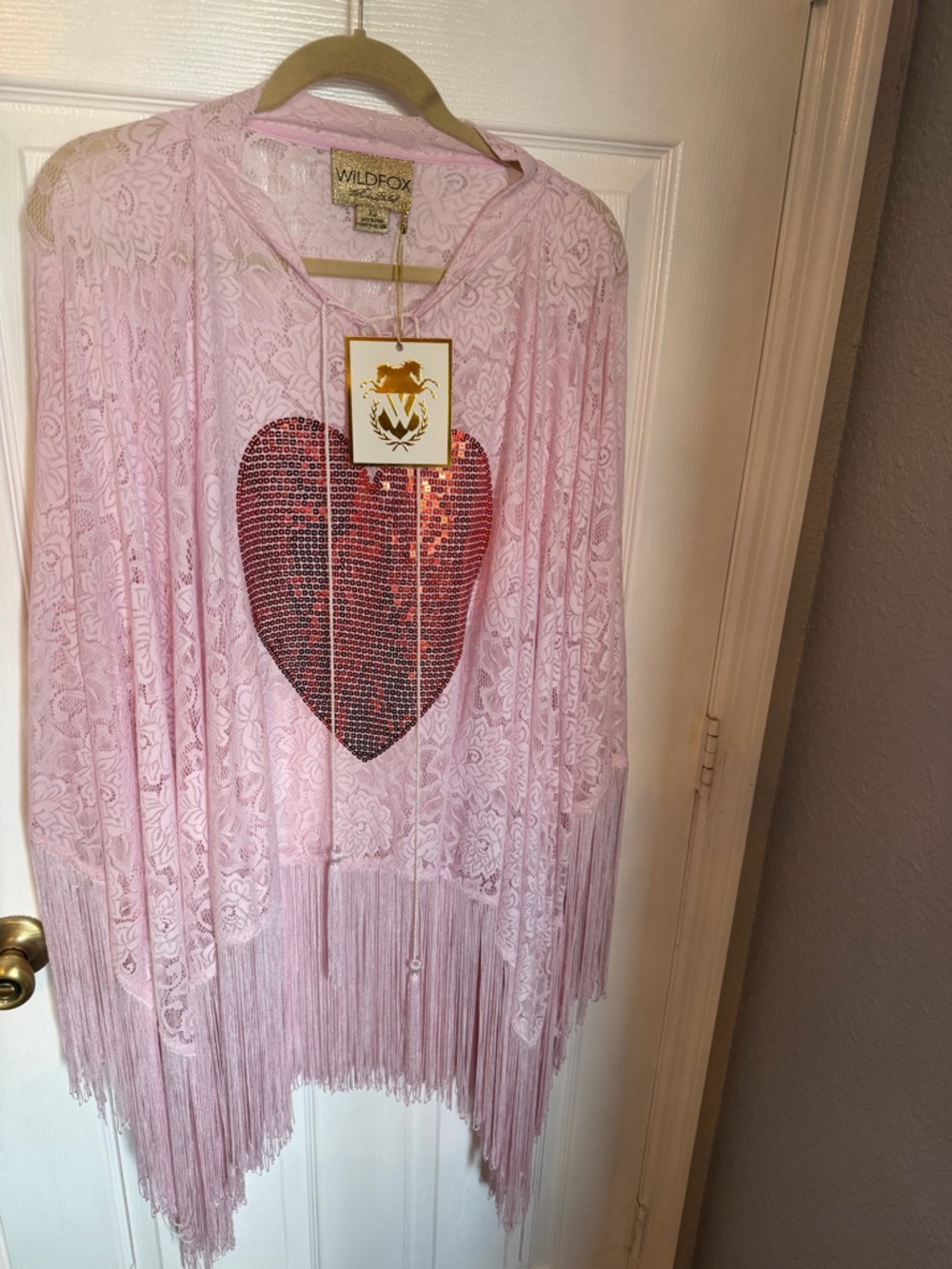 Wildfox Light Pink Lace Fringe Ruana  with Sequin Heart